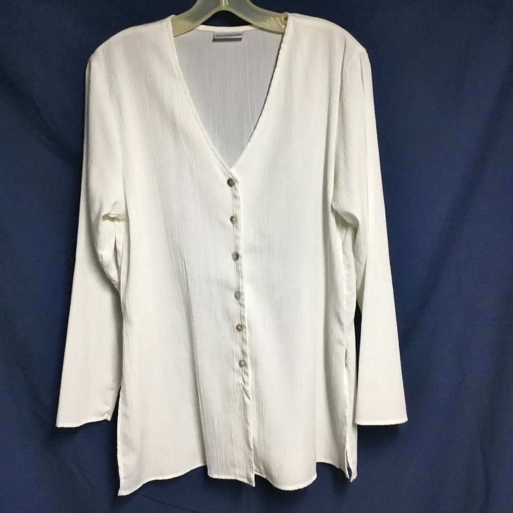 Retro White V Neck Blouse by Weathervane-Sz L-Crepe Like Fabric